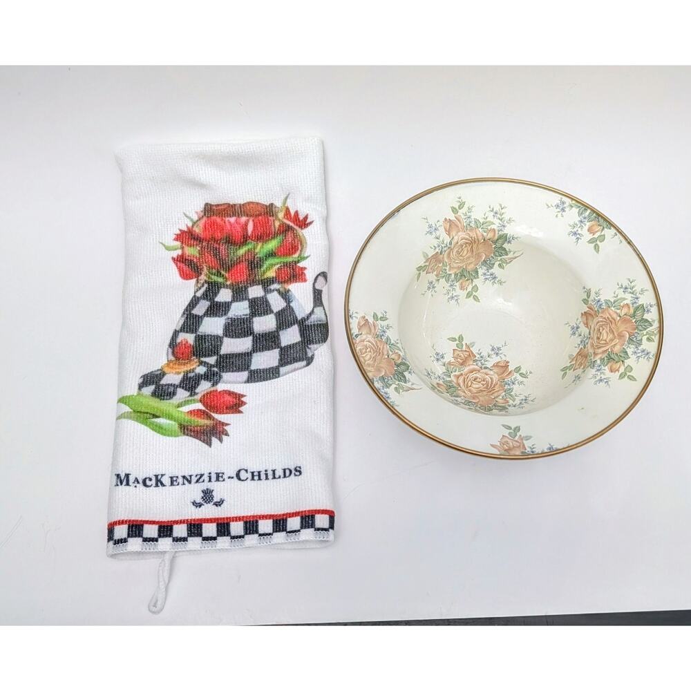 MacKenzie Childs Enamelware CAMP Floral Pink White rimmed 7.75" Plus Tea Towel